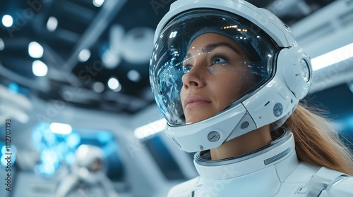 An astronaut, securely clad in a white space suit, looks intently into the galaxy's depths from within a spacecraft, showcasing human curiosity and the spirit of exploration. photo