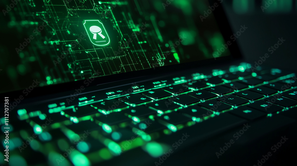 A close-up of a laptop keyboard with a warning icon on the screen, surrounded by a digital green matrix, symbolizing a system hack A close-up of a laptop keyboard with a warning icon on the screen, surrounded by a digital green matrix, symbolizing a system hack