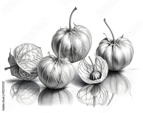 Physalis with a beautiful lantern-shaped calyx, black and white drawing, version 4