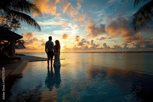 Luxury honeymoon couple by the beachfront pool during sunset in a tropical resort