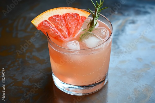 Vibrant Grapefruit Cocktail with Rosemary Garnish, drink, beverage, ice, pink