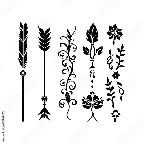 Decorative Arrow Element Silhouettes set Clipart on a white Background