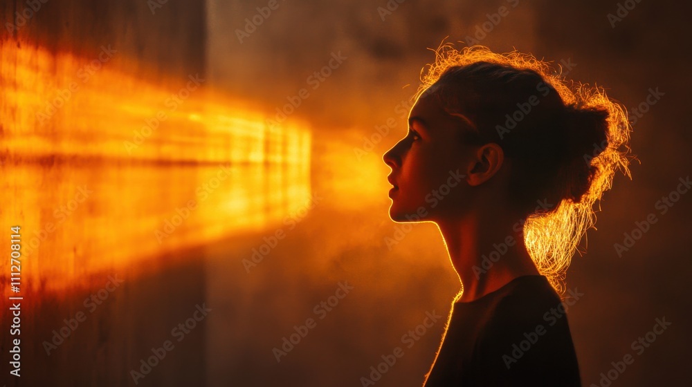 Profile of a Young Woman with Glowing Light Beam in a Dramatic Scene of Contrast and Mystery