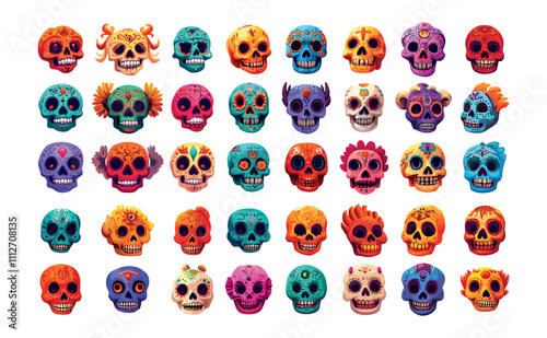 Cartoon mexican skulls. Dia de los muertos human head dead bone remains, decorative south america traditional cult symbols isolated vector on white backdrop