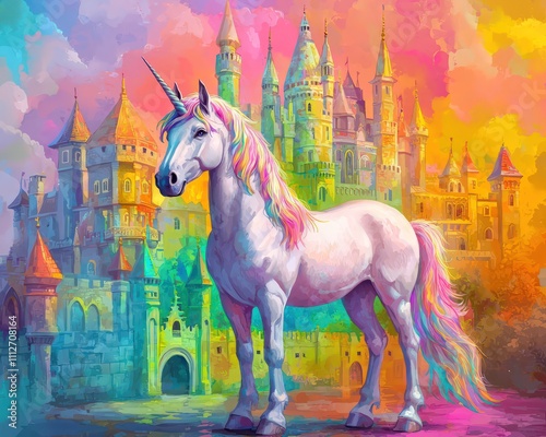 Majestic Unicorn in Front a Colorful Castle, vibrant fantasy illustration photo