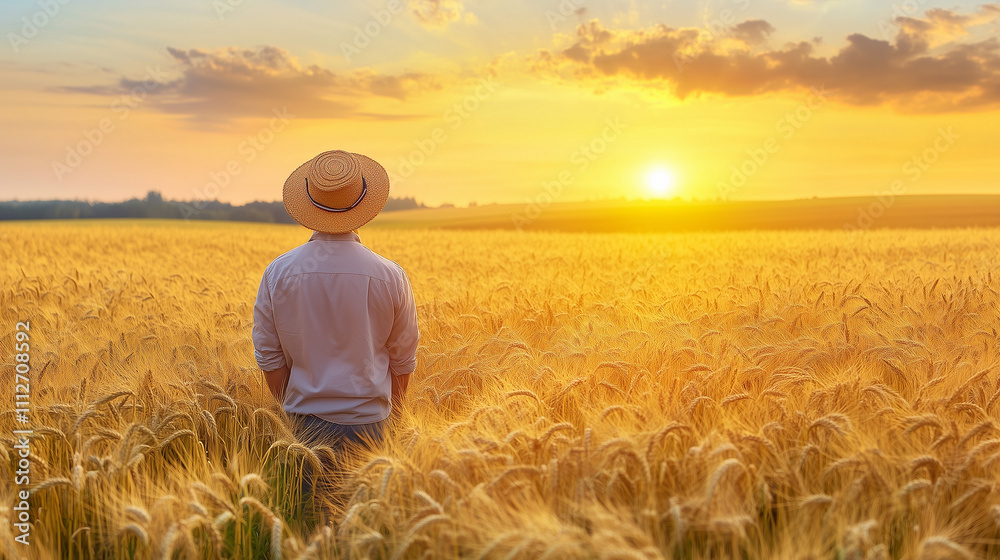 A man in a straw hat stands in a golden wheat field, gazing over the horizon as the sun sets, evoking a sense of peace and simplicity A man in a straw hat stands in a golden wheat field, gazing over the horizon as the sun sets, evoking a sense of peace and simplicity