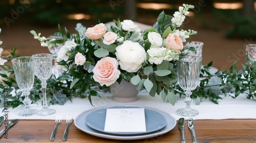 Elegant wedding table setting with pastel flowers and greenery for a memorable celebration photo