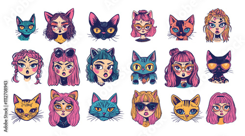 Cartoon nasty girl and cats. Young funny teenage portraits avatars with home pet, cute teen heads with feline friend, isolated vector illustrations on white backdrop