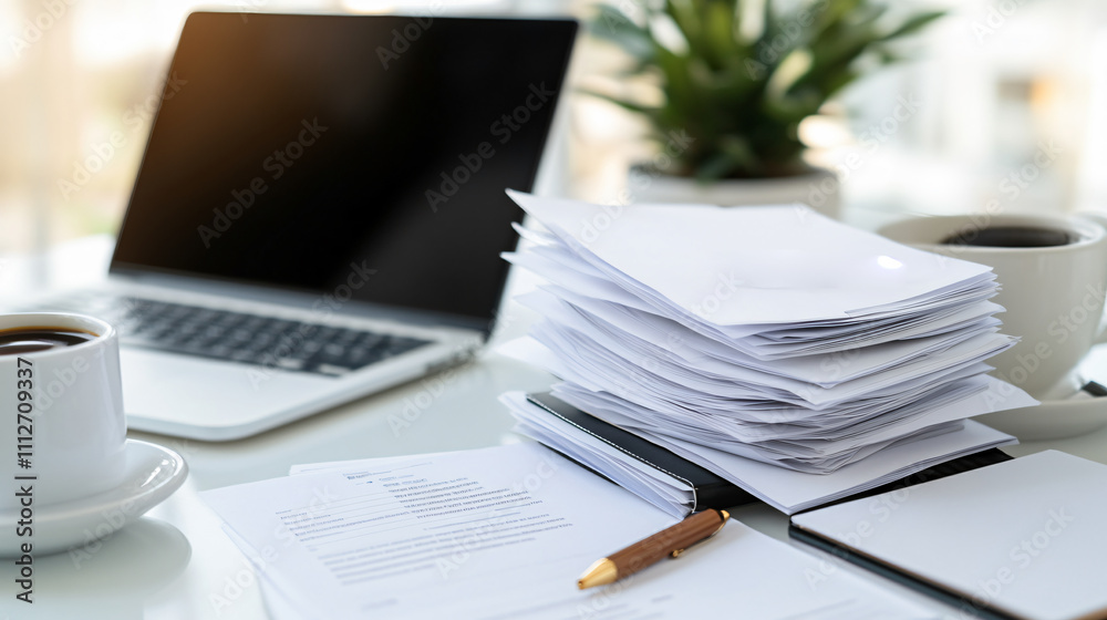 Organized Workspace with Business Documents, Laptop, Pen, and Coffee Cup on Minimalist White Desk Organized Workspace with Business Documents, Laptop, Pen, and Coffee Cup on Minimalist White Desk