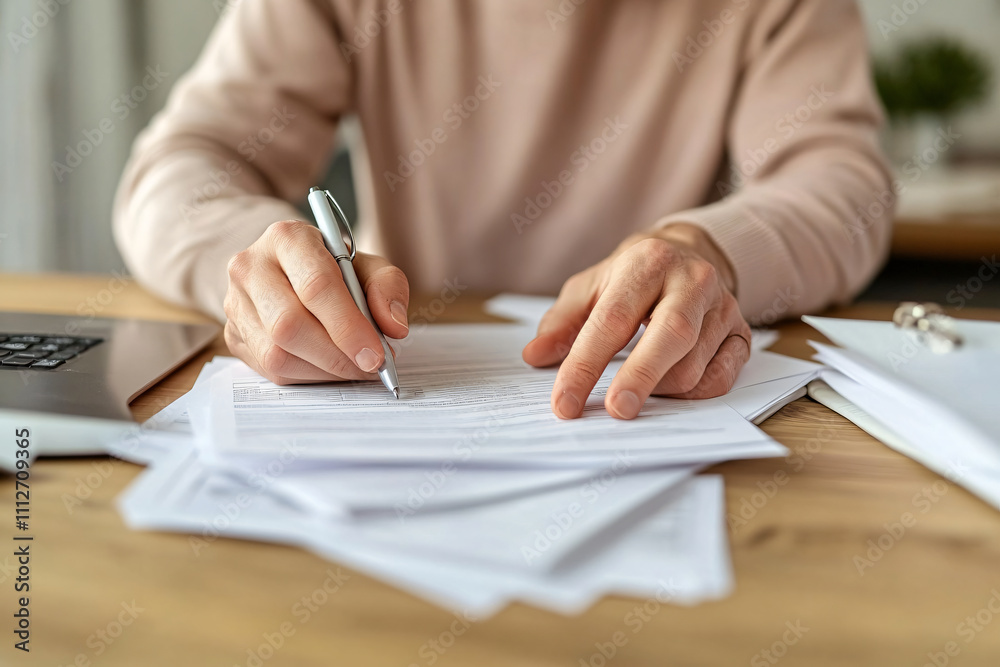 Efficient Financial Organization: Close-up of Hands Sorting Documents on a Modern Wooden Table with Soft Lighting Efficient Financial Organization: Close-up of Hands Sorting Documents on a Modern Wooden Table with Soft Lighting