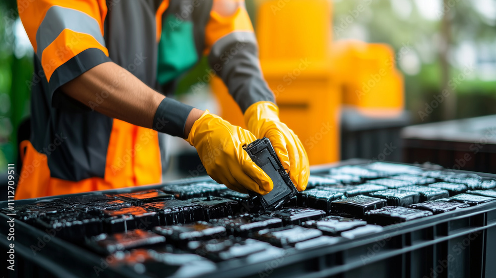 A close-up of hands in protective gloves placing corroded batteries into a designated hazardous waste container A close-up of hands in protective gloves placing corroded batteries into a designated hazardous waste container