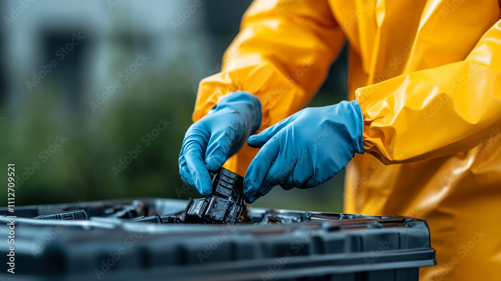 A close-up of hands in protective gloves placing corroded batteries into a designated hazardous waste container A close-up of hands in protective gloves placing corroded batteries into a designated hazardous waste container