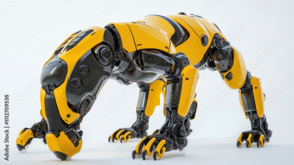 A contemporary yellow and black robotic dog with four legs designed for innovative factory applications on a clean white background A contemporary yellow and black robotic dog with four legs designed for innovative factory applications on a clean white background