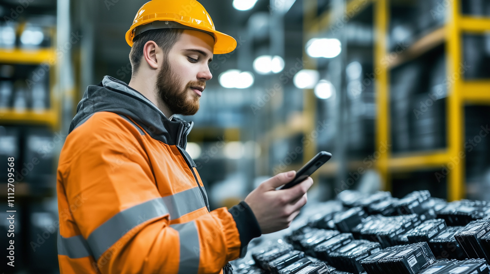 A worker holding a smartphone with battery recycling guidelines displayed, while managing a collection of used batteries A worker holding a smartphone with battery recycling guidelines displayed, while managing a collection of used batteries
