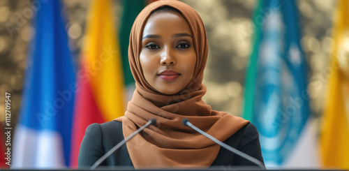 An attractive young Somali woman in a hijab giving a state of the world address at the United Nations headquarters, standing behind a podium with flags behind her