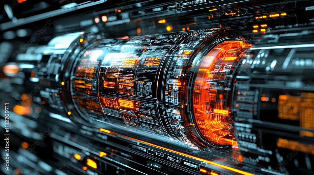 A futuristic, high-tech design featuring intricate machinery with glowing orange and metallic elements, set against a dark background. A futuristic, high-tech design featuring intricate machinery with glowing orange and metallic elements, set against a dark background.