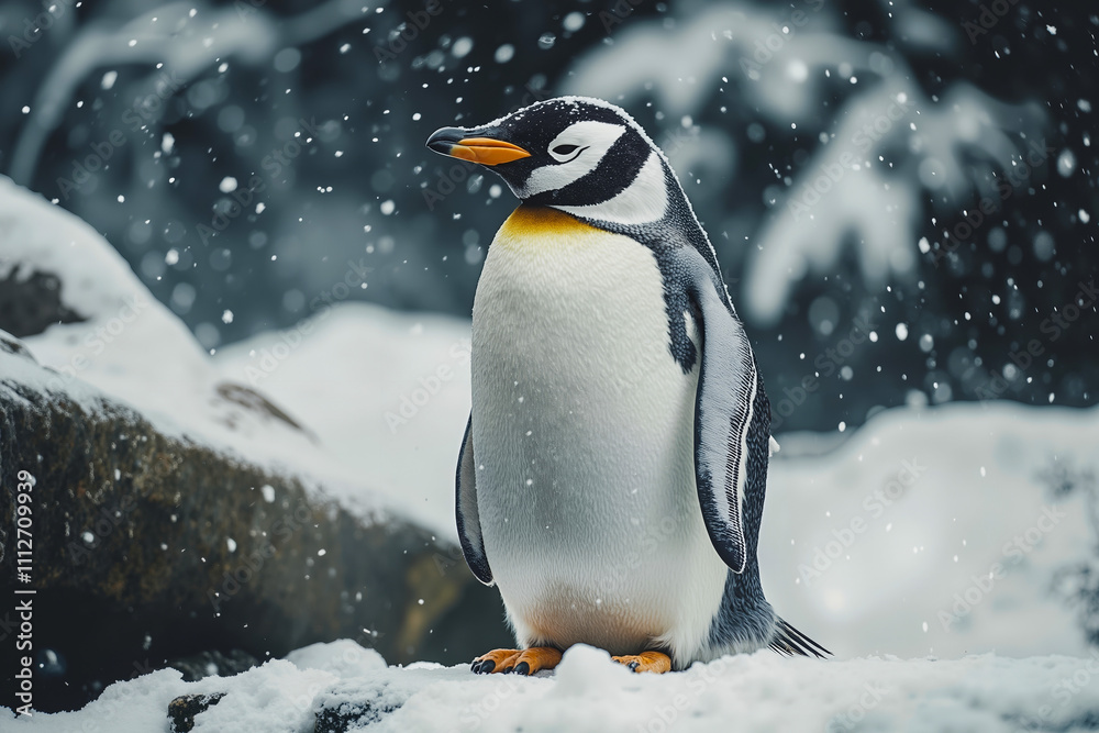 Obraz premium A penguin standing on a rock in the snow