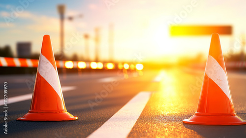 Police security checkpoint concept. Traffic cones mark construction zone at sunset, creating vibrant scene