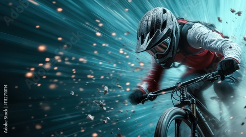 An action-packed digital artwork shows a cyclist in motion, donning a helmet and riding through dynamic lighting effects, symbolizing speed, energy, and determination. photo