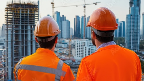 Construction worker in an orange safety jacket and helmet overlooking a bustling urban construction site symbolizing progress and development