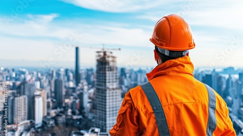 Construction worker in an orange safety jacket and helmet overlooking a bustling urban construction site symbolizing progress and development