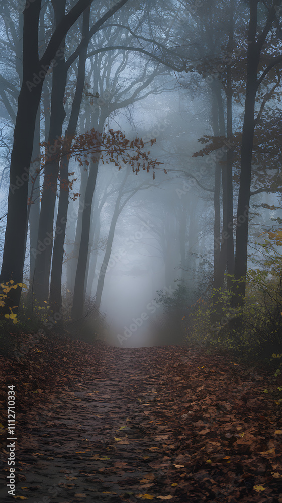 Naklejka premium A misty forest path lined with tall trees, creating a serene and mysterious atmosphere. The ground is covered with fallen leaves, and the fog adds depth to the scene.