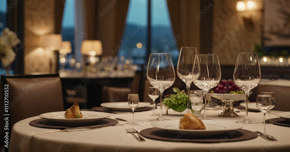 The table in the fine deluxe restaurant is adorned with intricate place mats and is set with crystal-clear wine glasses, adding a touch of sophistication. Blurred background. The table in the fine deluxe restaurant is adorned with intricate place mats and is set with crystal-clear wine glasses, adding a touch of sophistication. Blurred background.