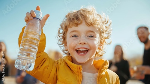 Energetic child celebrating with a water bottle amidst a lively group under bright natural light uplifting visual for community and sustainability themes photo