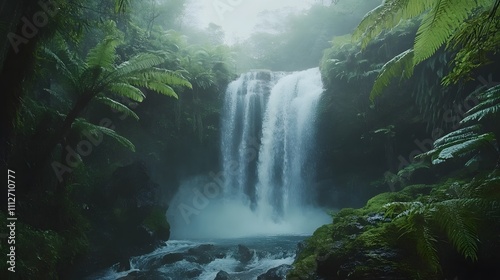 Majestic waterfall cascading through lush green vegetation in a misty forest setting at dawn
