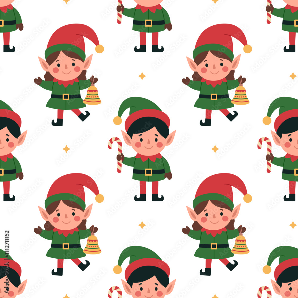 Seamless pattern with little cute elves on white background. Santa helpers. Boy with candy cane and girl with bell. Christmas characters. Vector flat illustration for wallpaper, textile, packaging