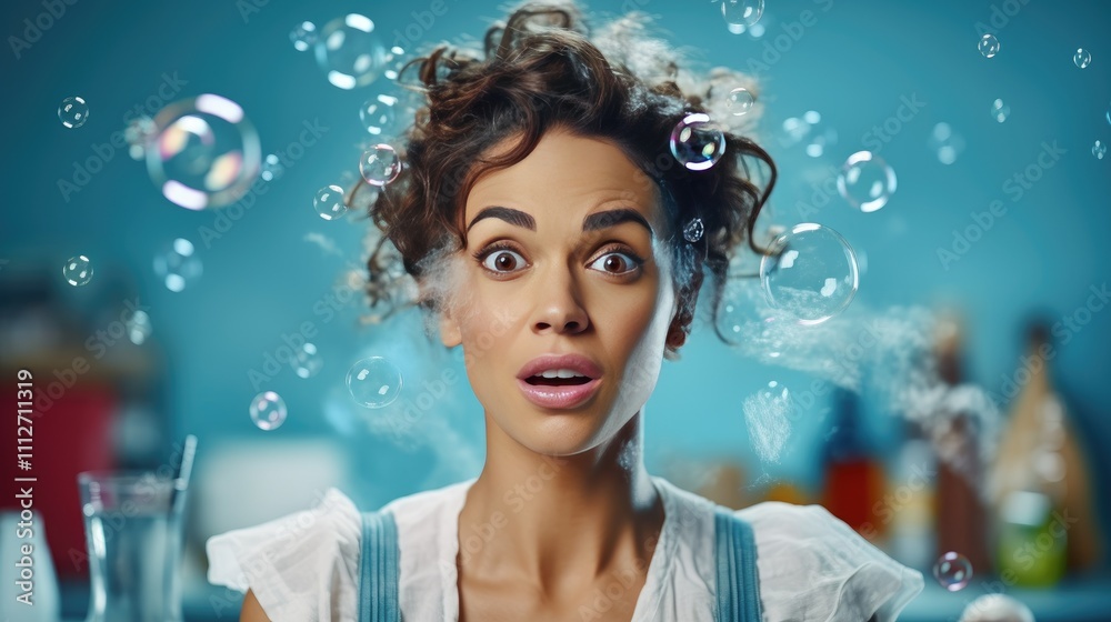 Cheerful woman in apron and rubber gloves stands by a pile of dirty dishes with soap bubbles on her face. Great for themes of housework, cleaning, and joyful domestic moments Cheerful woman in apron and rubber gloves stands by a pile of dirty dishes with soap bubbles on her face. Great for themes of housework, cleaning, and joyful domestic moments