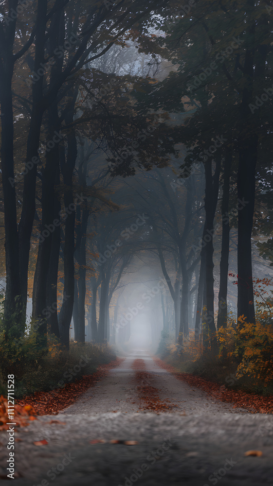 Fototapeta premium A misty forest path lined with tall trees, creating a serene and mysterious atmosphere. The ground is covered with fallen leaves, and the fog adds depth to the scene.