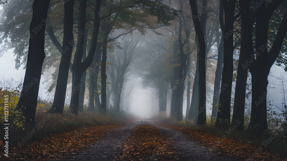 Fototapeta premium A misty forest path lined with tall trees, creating a serene and mysterious atmosphere. The ground is covered with fallen leaves, and the fog adds depth to the scene.