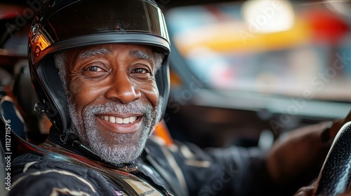 An Elderly man driving a race car on a track his excited smile visible under his helmet