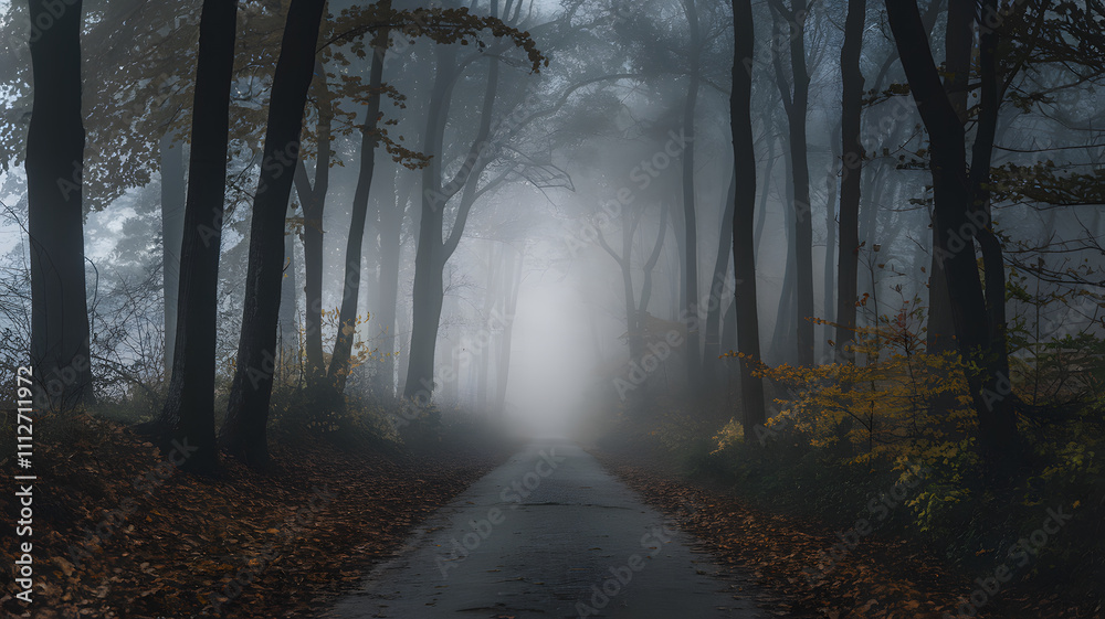 Naklejka premium A misty forest path lined with tall trees, creating a serene and mysterious atmosphere. The ground is covered with fallen leaves, and the fog adds depth to the scene.