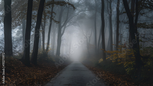 A misty forest path lined with tall trees, creating a serene and mysterious atmosphere. The ground is covered with fallen leaves, and the fog adds depth to the scene.