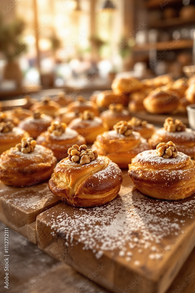 Delicious Golden Pastries with Honey Nut Topping on a Rustic Wooden Table Delicious Golden Pastries with Honey Nut Topping on a Rustic Wooden Table