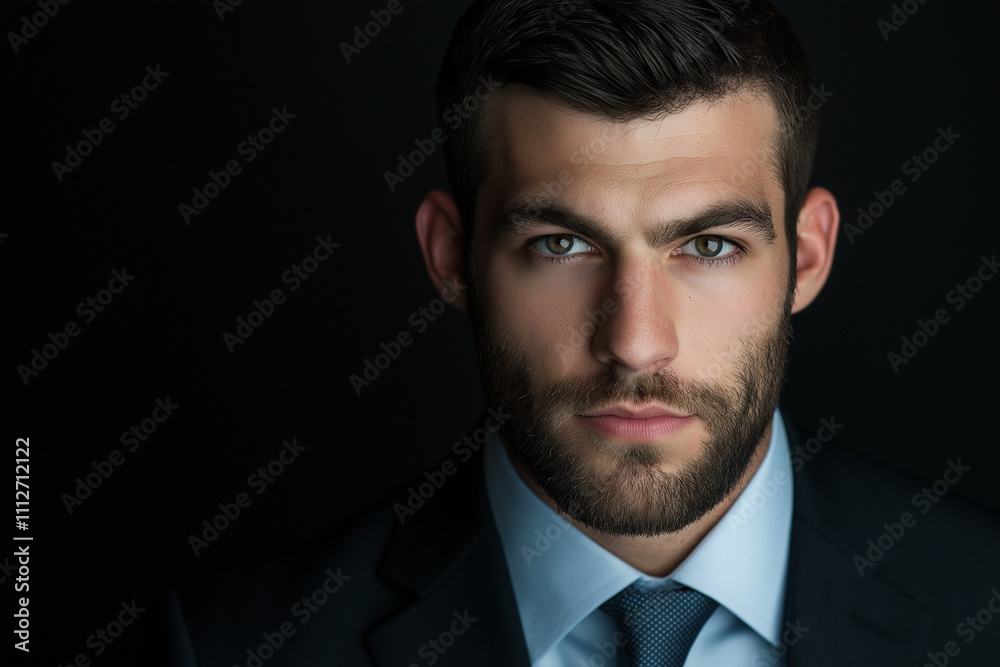 Professional portrait of a bearded man in a formal suit and tie, posed against a black background, exuding confidence and sophistication in a sleek, minimalist setting Professional portrait of a bearded man in a formal suit and tie, posed against a black background, exuding confidence and sophistication in a sleek, minimalist setting