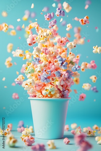 A burst of colorful popcorn in the air on a pastel blue background. Creative, positive vibe.