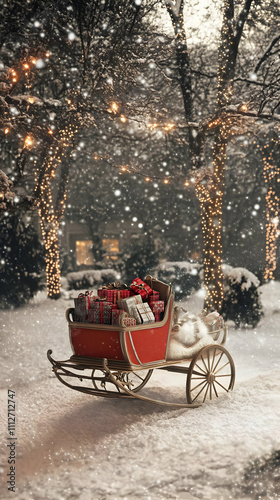 A festive red sleigh filled with gifts amidst a snowy landscape and twinkling lights.