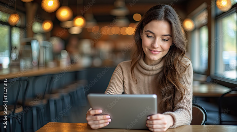 woman with a tablet in a cafe working remotely