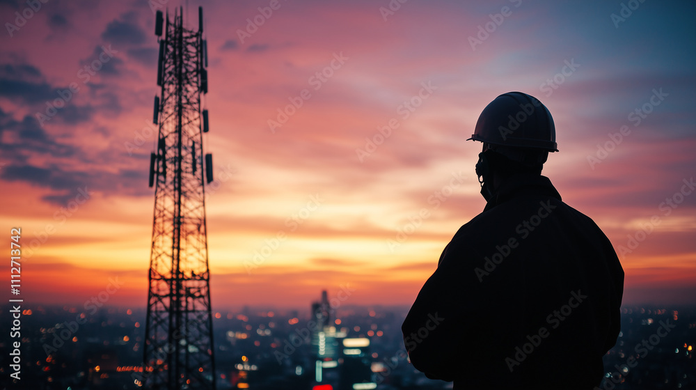 A telecom tower rising high above a bustling city at dusk, with an engineer silhouetted against the fading sky A telecom tower rising high above a bustling city at dusk, with an engineer silhouetted against the fading sky