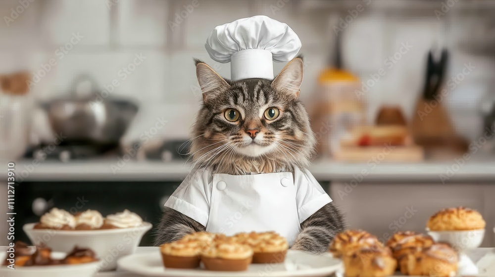 Naklejka premium Culinary adventure cat chef prepares delicious treats in cozy kitchen environment
