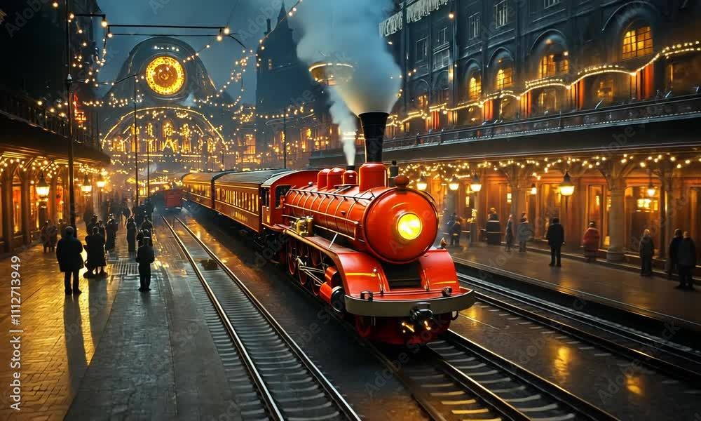 A vintage steam train illuminated by festive lights in a bustling ...