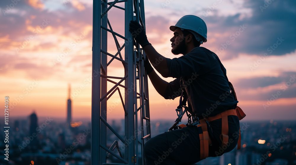 Fototapeta premium An engineer climbs a telecom tower ladder while the city skyline glows beneath the soft hues of the setting sun