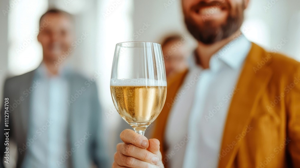 Working together for mutual goals, Celebratory drink in hand, smiling people in the background, bright atmosphere. Working together for mutual goals, Celebratory drink in hand, smiling people in the background, bright atmosphere.
