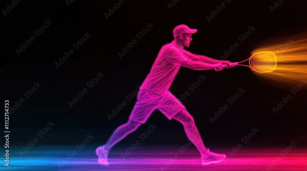 Dynamic tennis player action indoor court digital art vibrant colors low angle athletic motion Dynamic tennis player action indoor court digital art vibrant colors low angle athletic motion