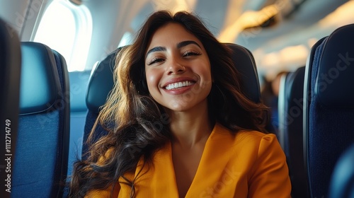 A vibrant woman with a warm smile sits comfortably in an airplane seat, her energy radiating joy and positivity, highlighted by the natural light filtering in.