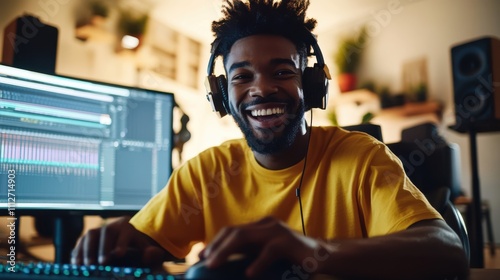 A joyful gamer, donned in headphones, delights in a vibrant gaming session, surrounded by multiple screens and high-tech audio equipment in a warmly lit room. photo