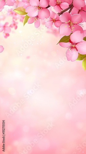 Delicate pink cherry blossoms bloom on tree branches, creating a serene spring backdrop ideal for greeting cards or decorative designs